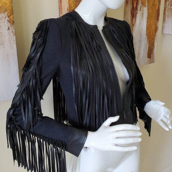 BCBGMAXAZRIA Farrell Black Fringe-Trim Faux Leather Short Jacket SZ XS - Picture 5 of 15